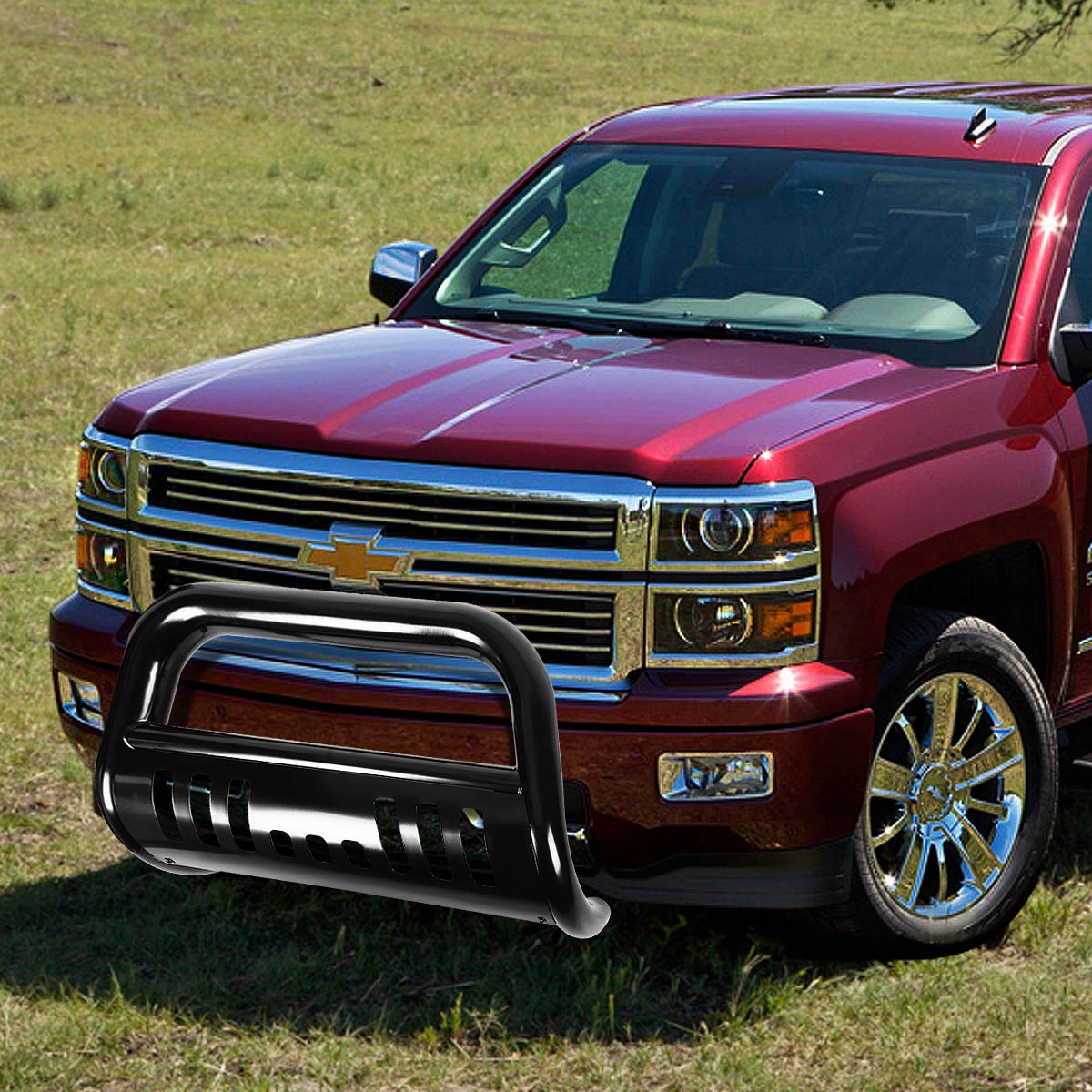 07-13 Chevy Silverado GMC Sierra 1500 Bull Bar w/Skid Plate - Stainless Steel - Black