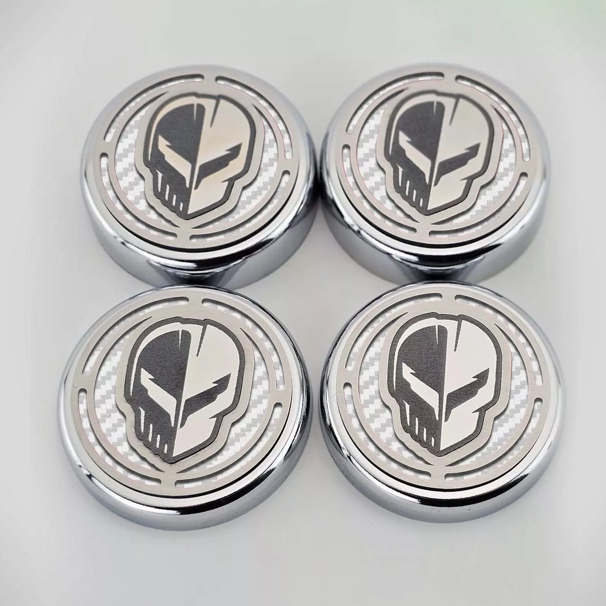2020-2024 C8 Corvette Coupe - Cap Cover Set 4pc Carbon Fiber Inserts with Stainless Jake Skull Logo - Polished/Brushed Finish