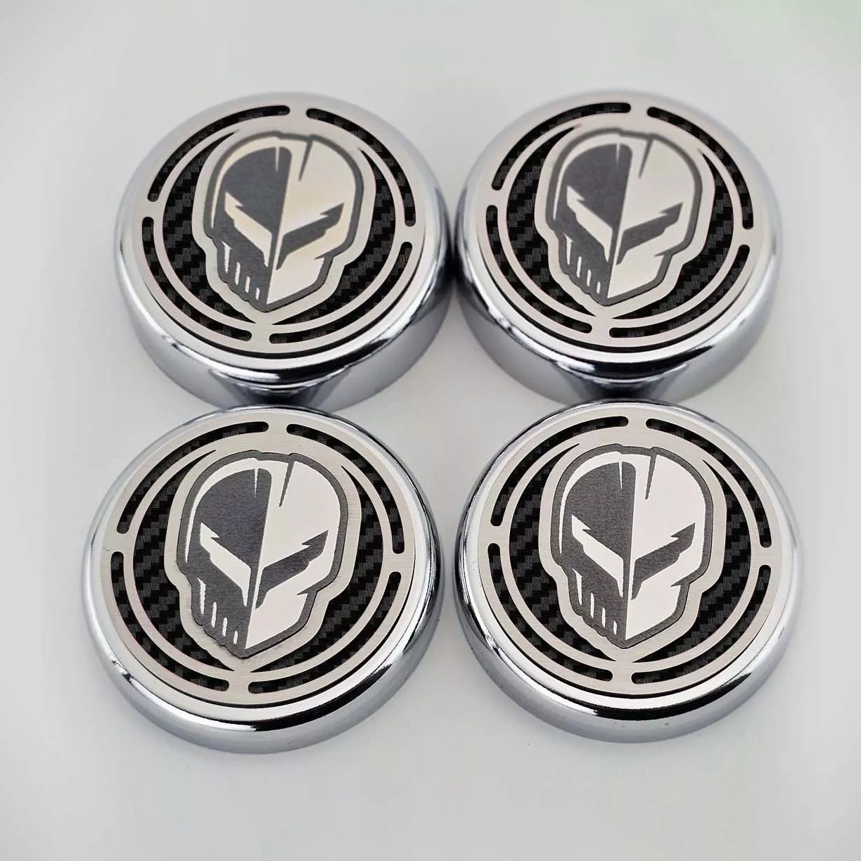 2020-2024 C8 Corvette Coupe - Cap Cover Set 4pc Carbon Fiber Inserts with Stainless Jake Skull Logo - Polished/Brushed Finish