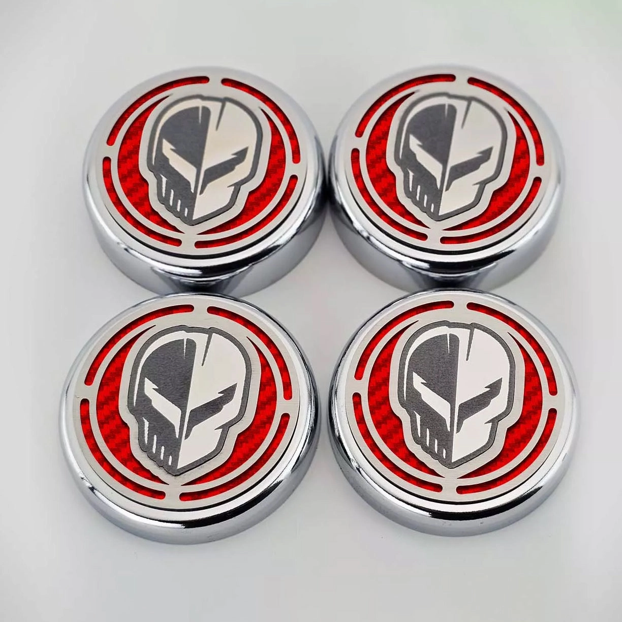 2020-2024 C8 Corvette Coupe - Cap Cover Set 4pc Carbon Fiber Inserts with Stainless Jake Skull Logo - Polished/Brushed Finish