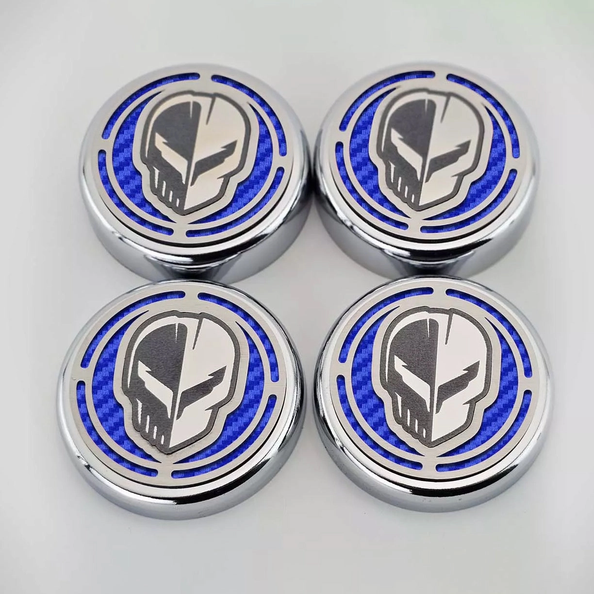 2020-2024 C8 Corvette Coupe - Cap Cover Set 4pc Carbon Fiber Inserts with Stainless Jake Skull Logo - Polished/Brushed Finish