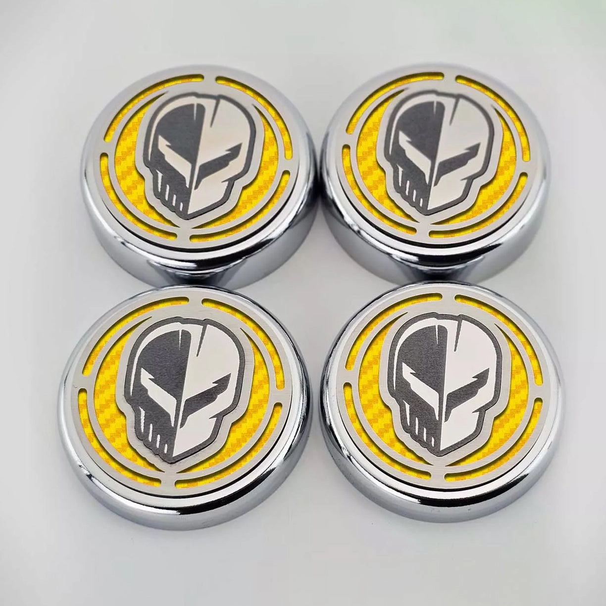 2020-2024 C8 Corvette Coupe - Cap Cover Set 4pc Carbon Fiber Inserts with Stainless Jake Skull Logo - Polished/Brushed Finish