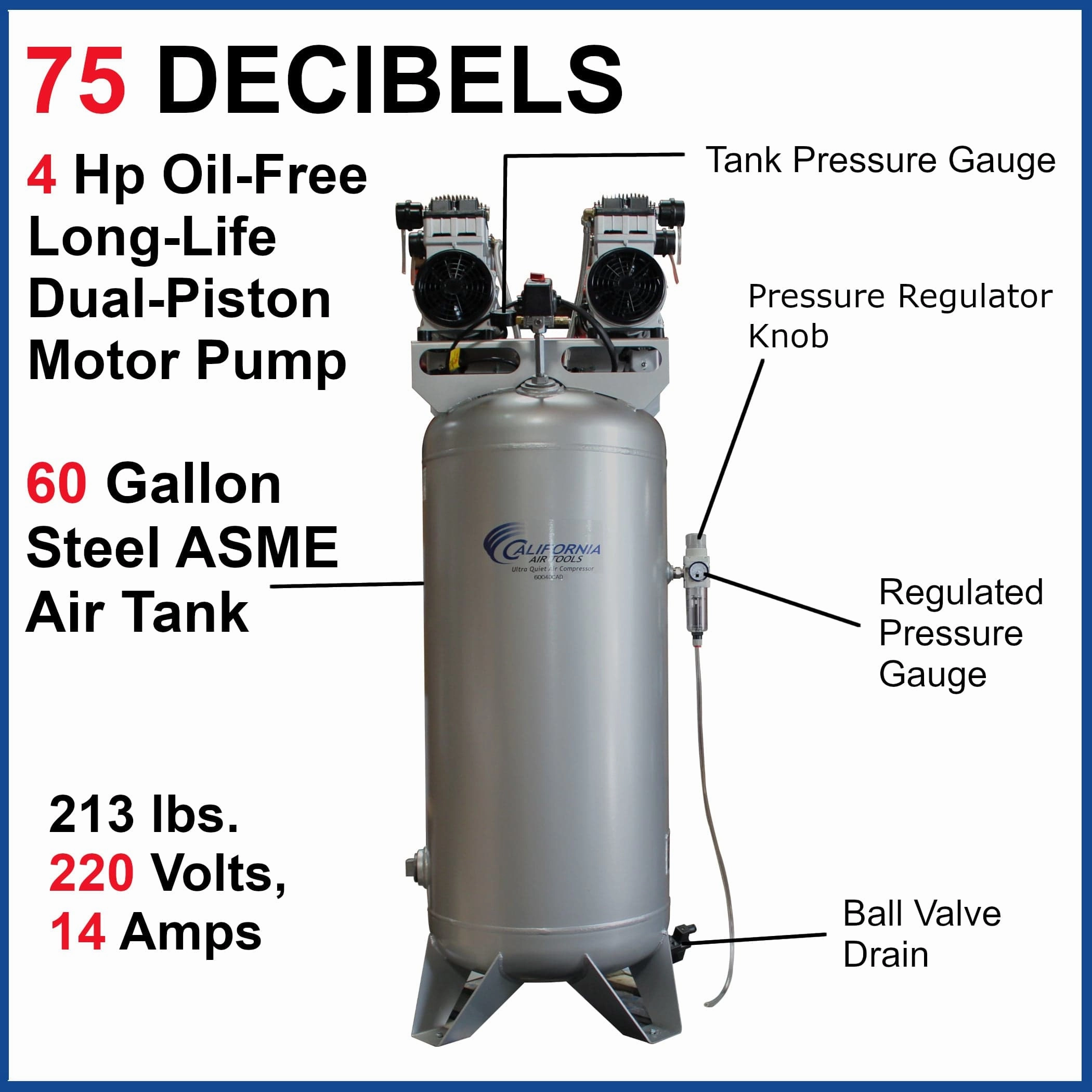4HP 60 Gallon Oil-Free Steel Tank Air Compressor with Auto Drain Valve
