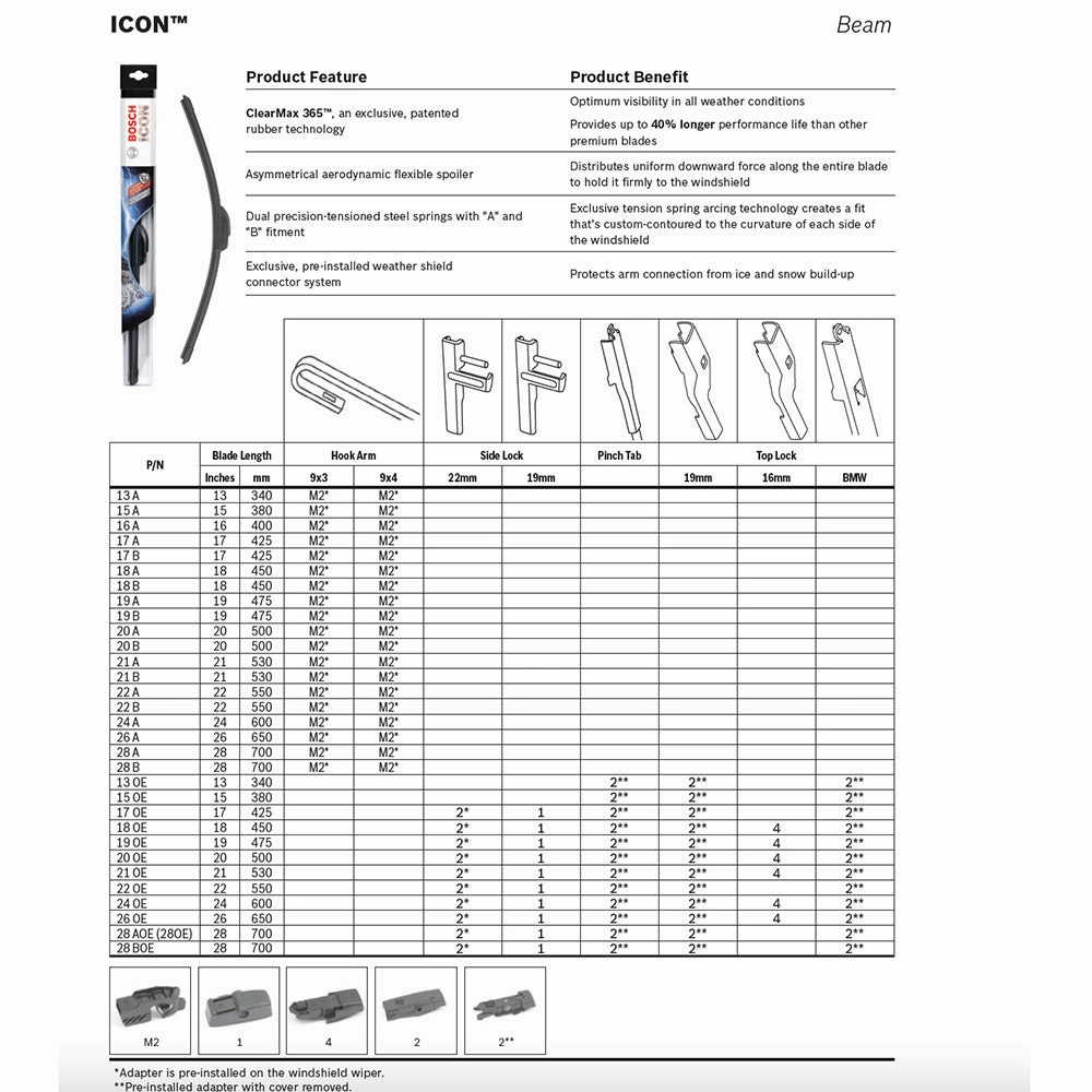 BOSCH ICON 18A Wiper Blade 18" inch, Up to 40% Longer Life