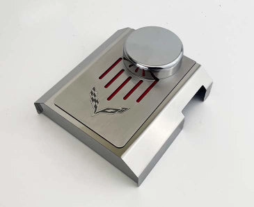 Master Cylinder Cover Manual Polished Stainless w/Brushed Ribbed Top Plate Corvette Flag Style Black Carbon Fiber